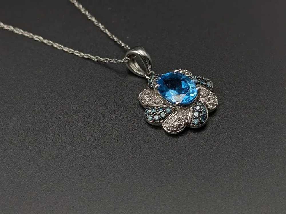 10k Swiss Blue Topaz w Diamonds Flower Pendant Wh… - image 3