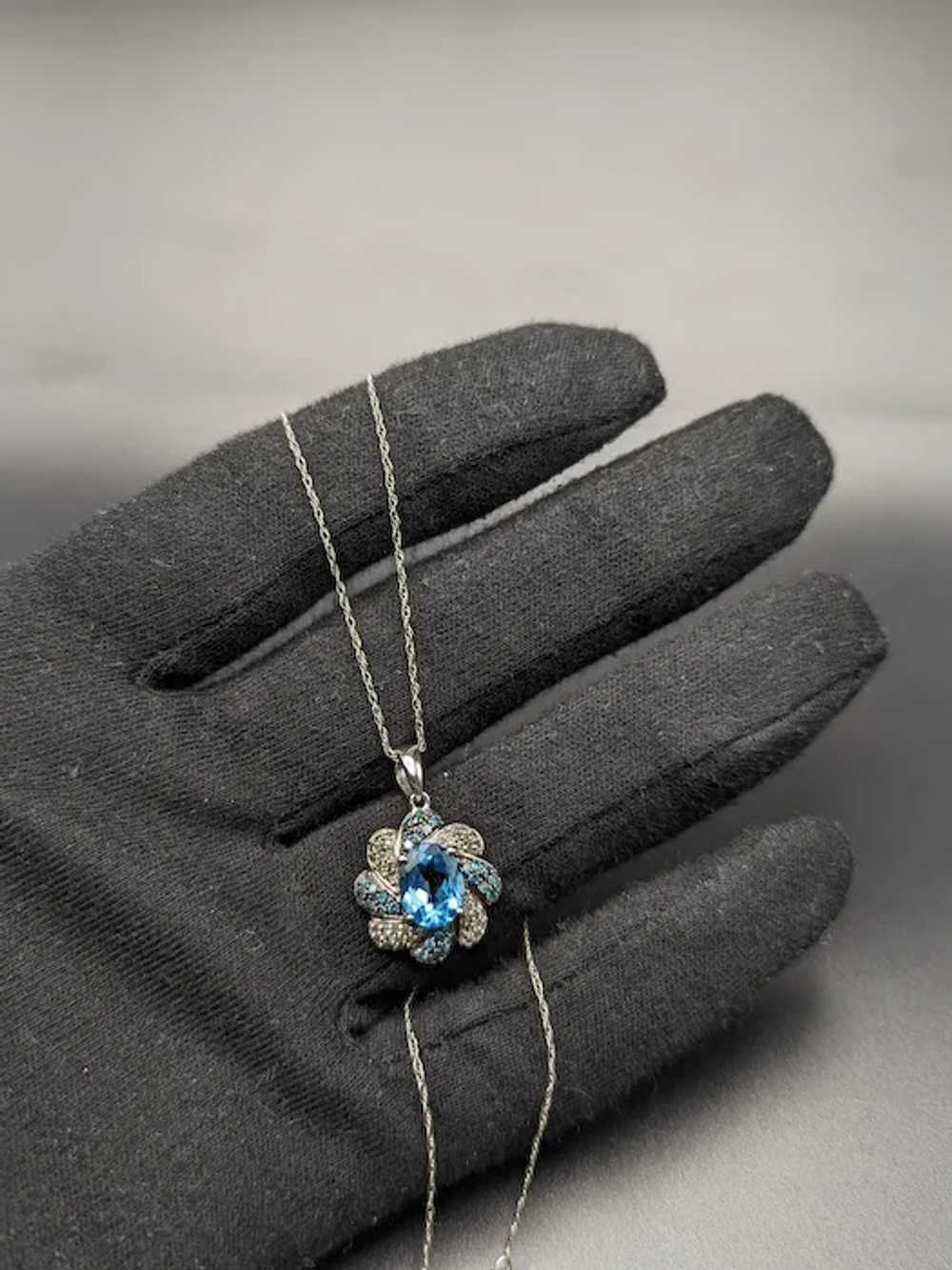 10k Swiss Blue Topaz w Diamonds Flower Pendant Wh… - image 7