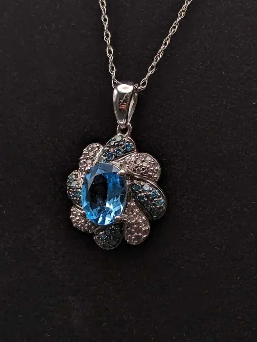 10k Swiss Blue Topaz w Diamonds Flower Pendant Wh… - image 9