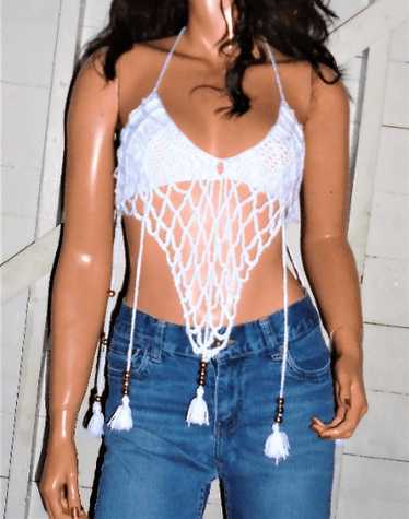 Vintage White Crochet Knit Halter Top S - image 1