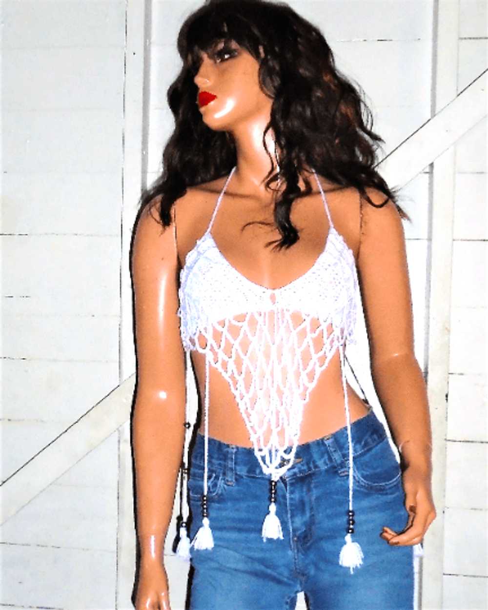 Vintage White Crochet Knit Halter Top S - image 6