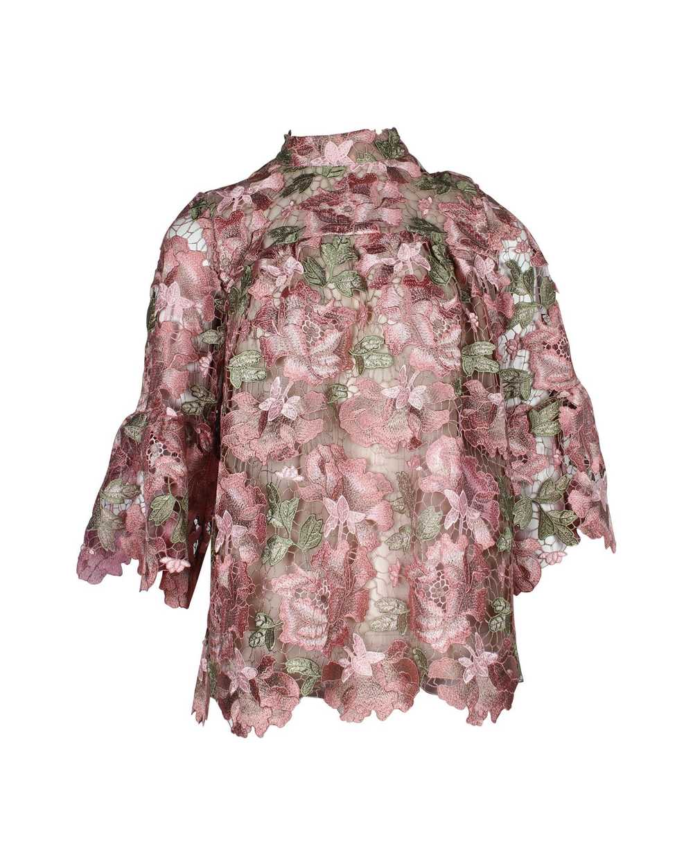 Anna Sui Floral Lace Mock Neck Blouse in Pink Pol… - image 1