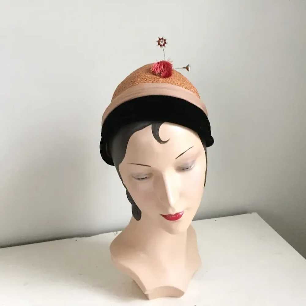 Vintage 1960s Straw and Velvet Hat with Tassle an… - image 7