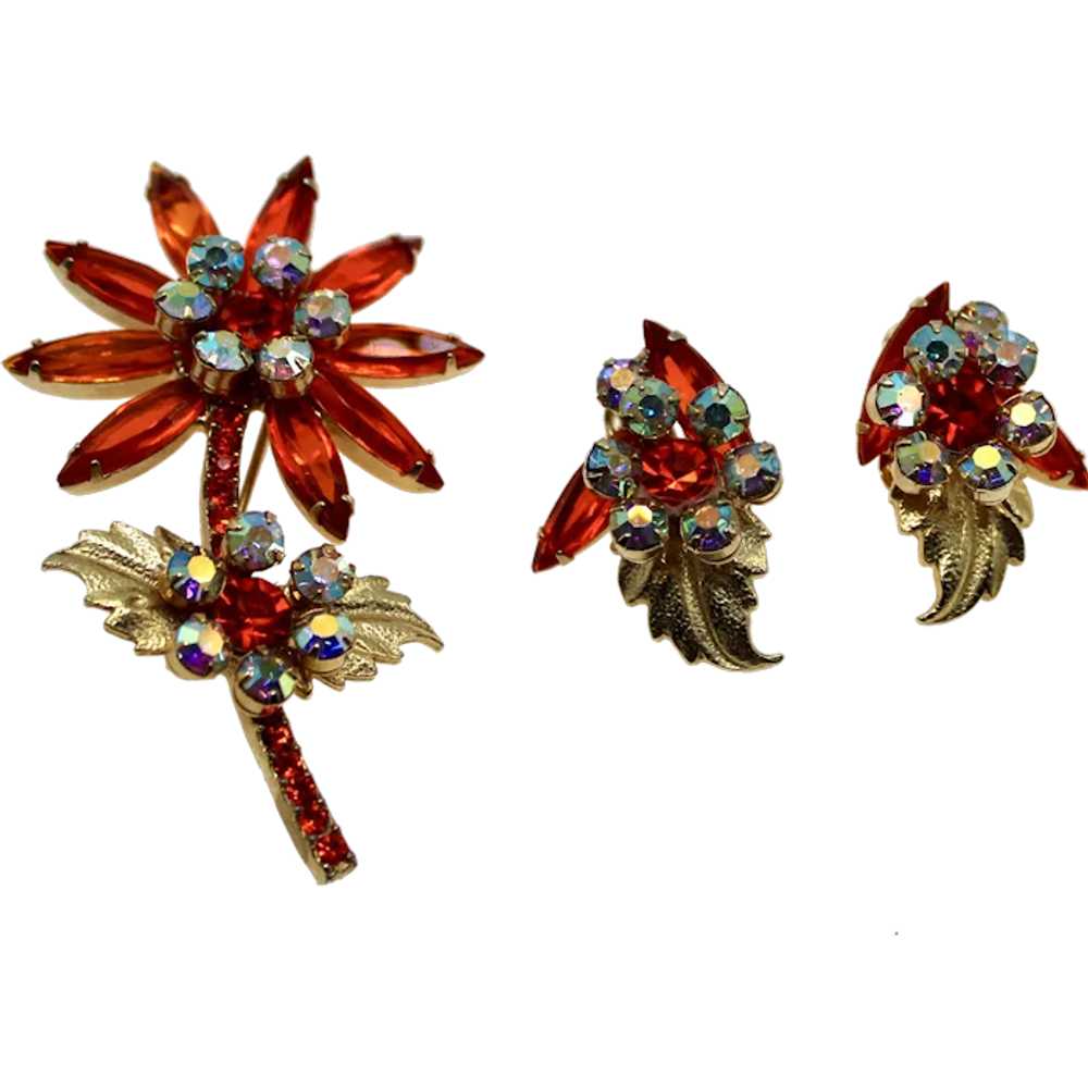 Juliana Brooch and Earrings, Floral Design, Orang… - image 1