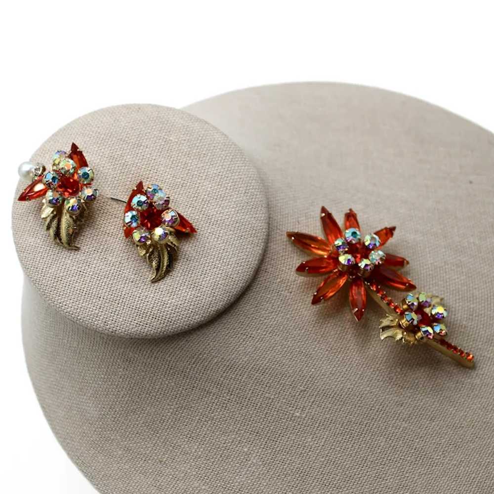 Juliana Brooch and Earrings, Floral Design, Orang… - image 2