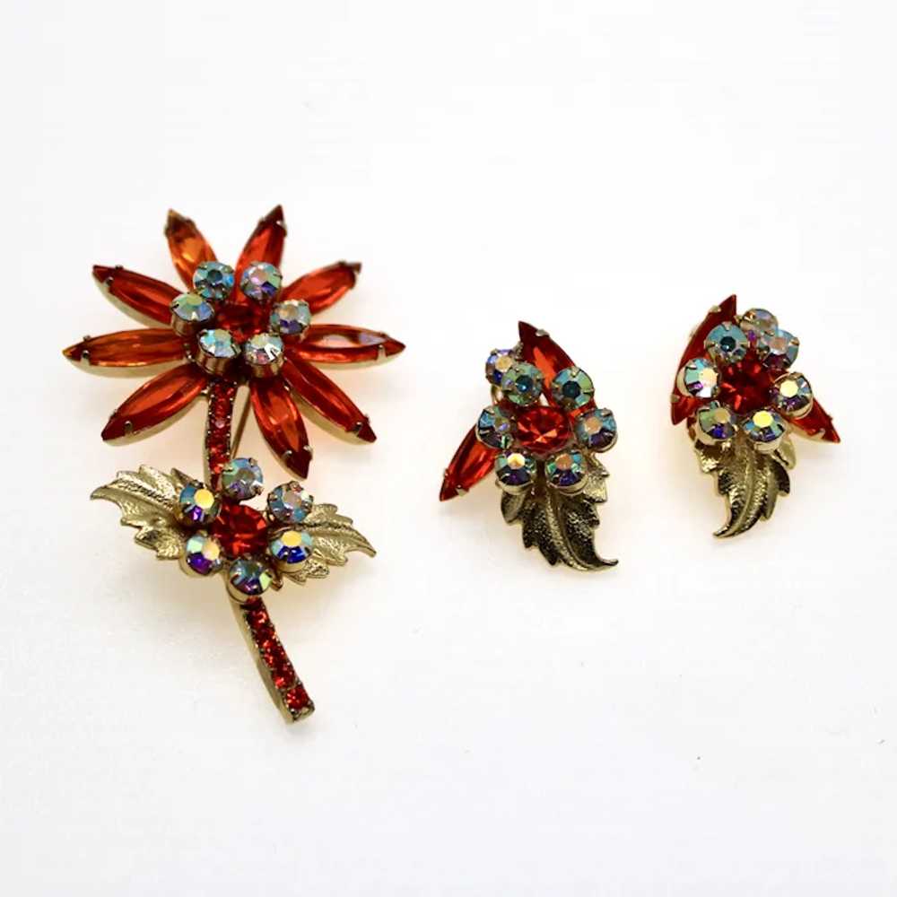 Juliana Brooch and Earrings, Floral Design, Orang… - image 3