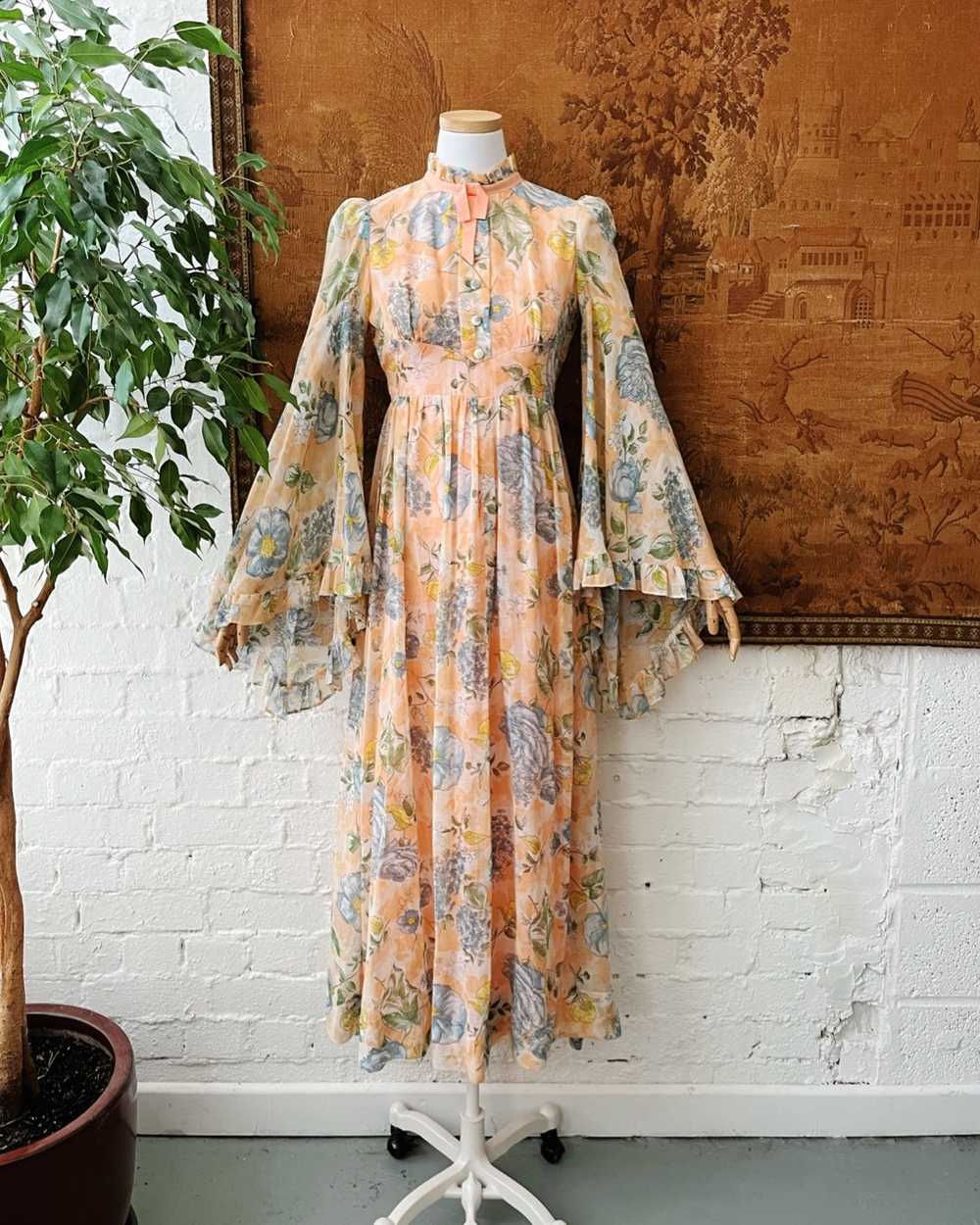 1970s Angel Sleeve Peach & Blue Floral Maxi Dress… - image 1