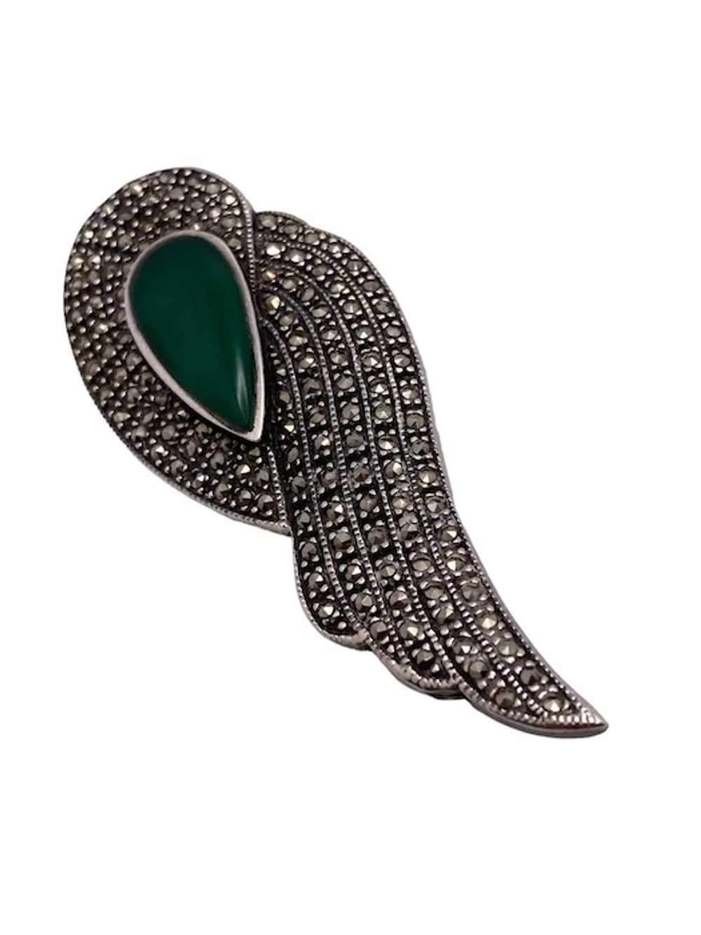 Art Deco Sterling Silver Marcasite and Green Onyx… - image 2