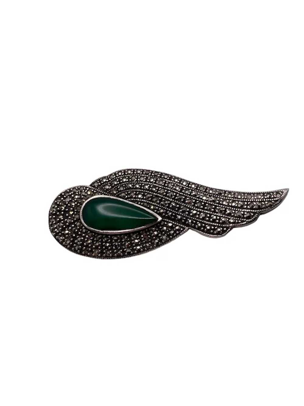 Art Deco Sterling Silver Marcasite and Green Onyx… - image 5