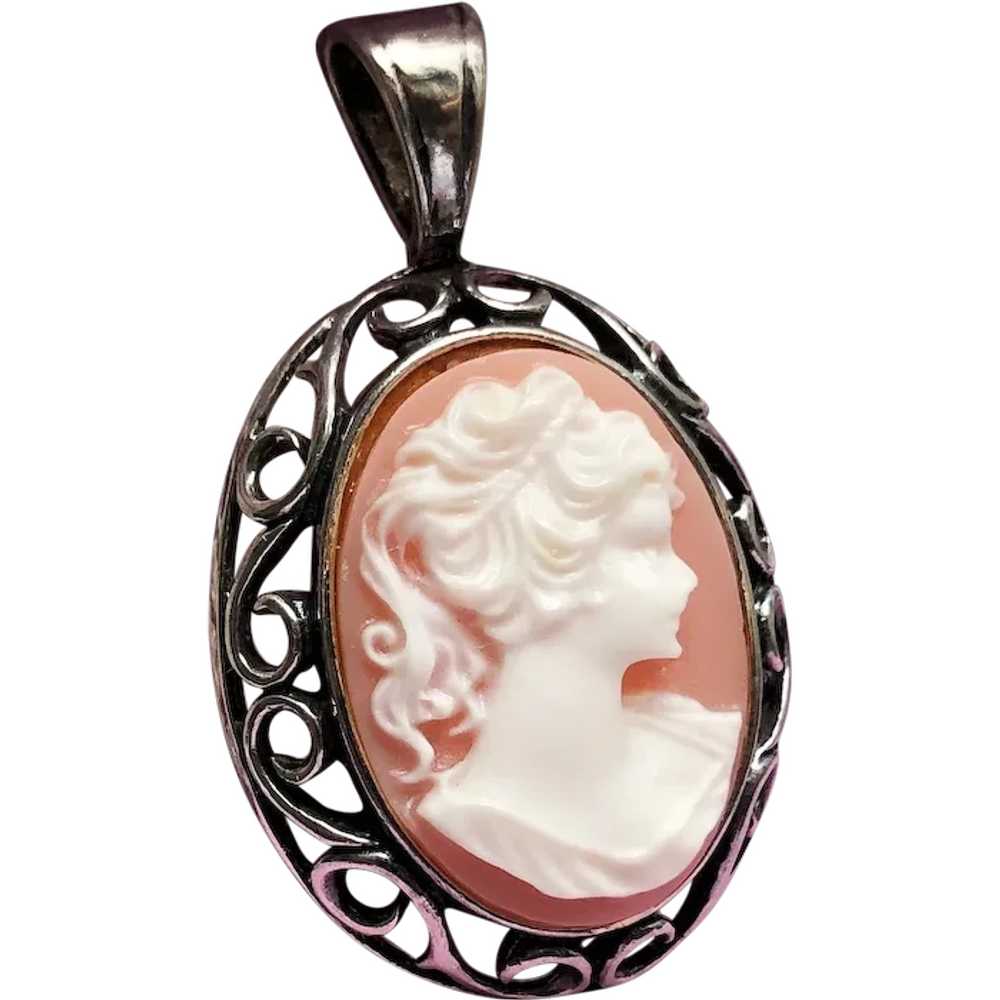 Lady cameo pendant sterling silver, old elegant n… - image 1