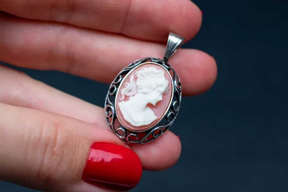Lady cameo pendant sterling silver, old elegant n… - image 2
