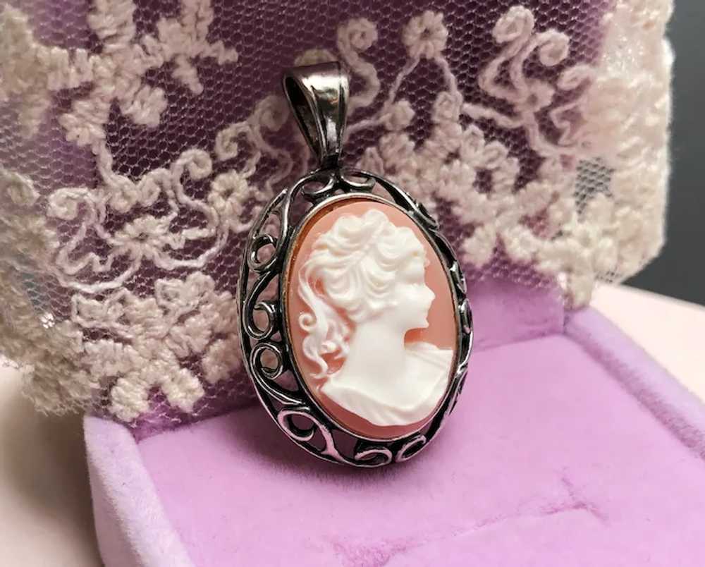 Lady cameo pendant sterling silver, old elegant n… - image 6
