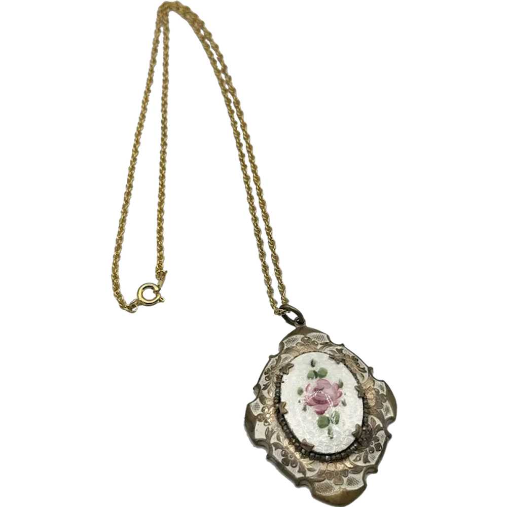 Vintage Guilloche enamel flower pendant necklace - image 1