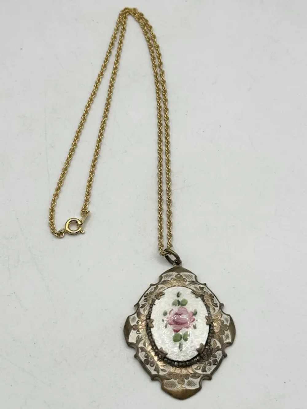 Vintage Guilloche enamel flower pendant necklace - image 2