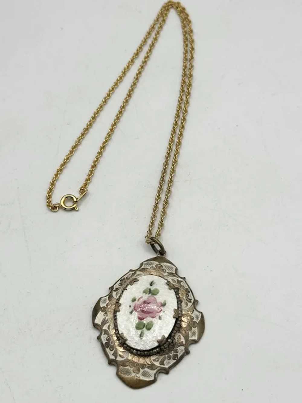 Vintage Guilloche enamel flower pendant necklace - image 3
