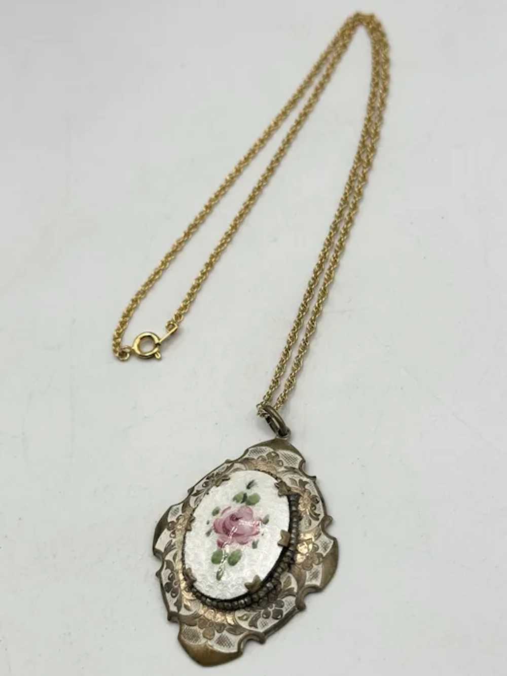 Vintage Guilloche enamel flower pendant necklace - image 4