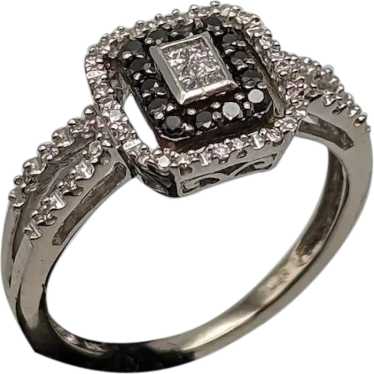 14k White Gold Double Band Black Diamond Halo Eng… - image 1