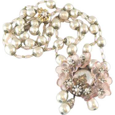 Miriam Haskell Baroque Pearl and Pink Glass Penda… - image 1