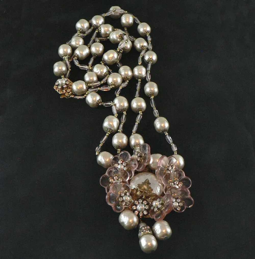 Miriam Haskell Baroque Pearl and Pink Glass Penda… - image 2