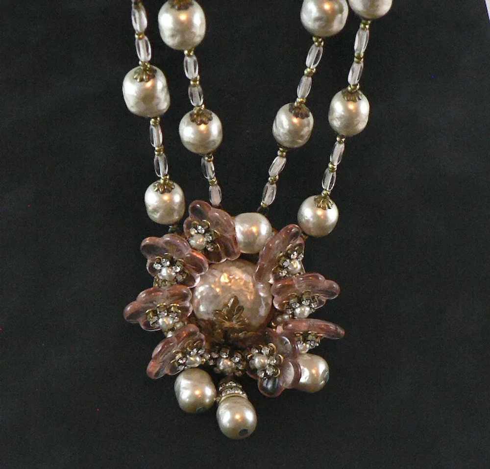 Miriam Haskell Baroque Pearl and Pink Glass Penda… - image 3