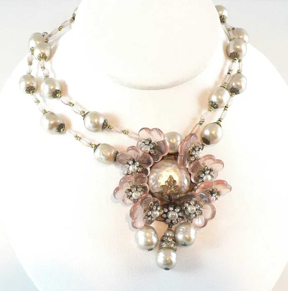 Miriam Haskell Baroque Pearl and Pink Glass Penda… - image 4