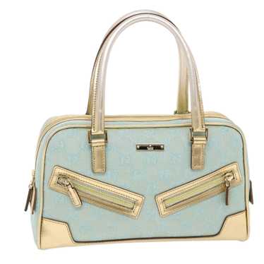 GUCCI GG Canvas Hand Bag Leather Light Blue Gold … - image 1