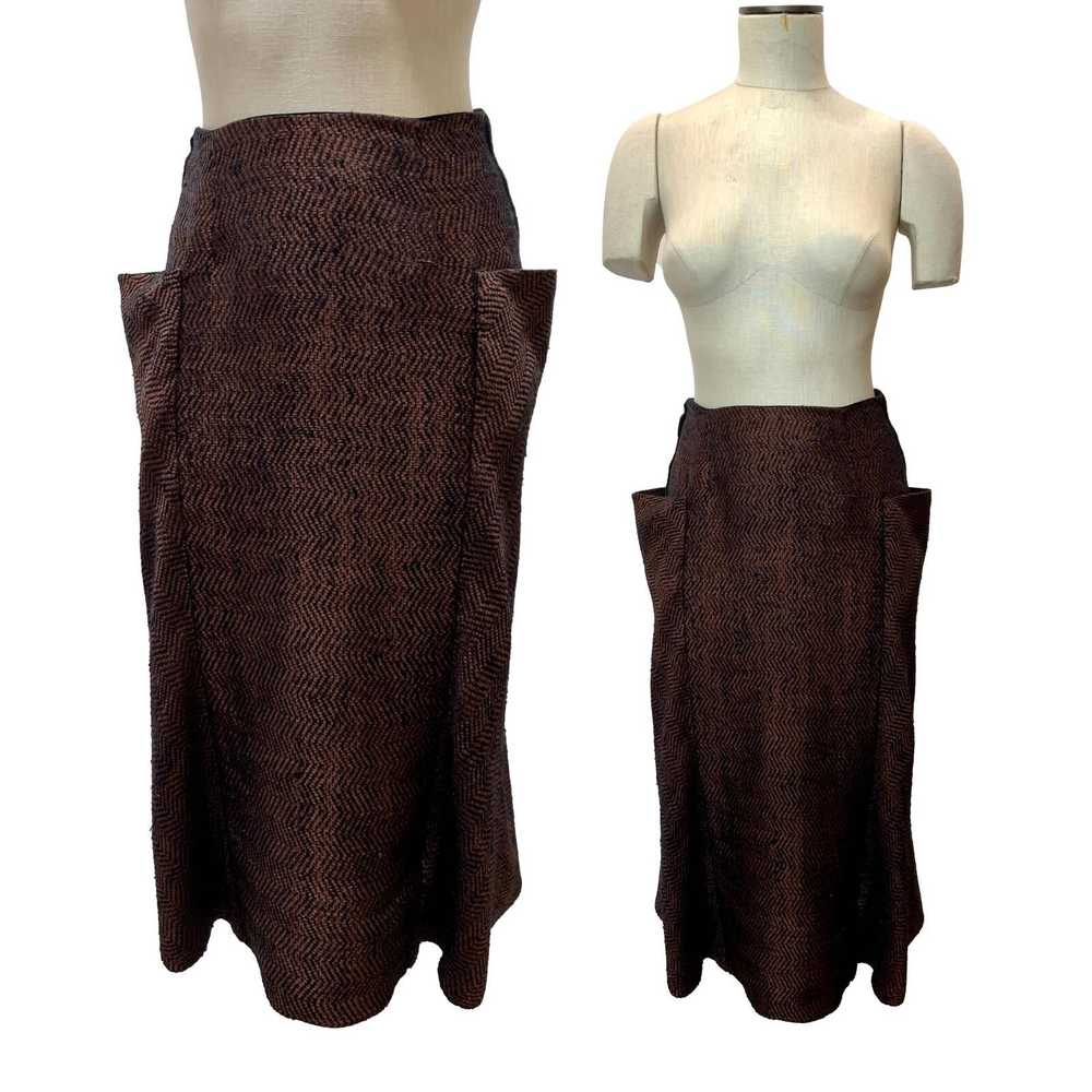 Vintage 40s Ribbon Midi Skirt | Black & Dark Copp… - image 5