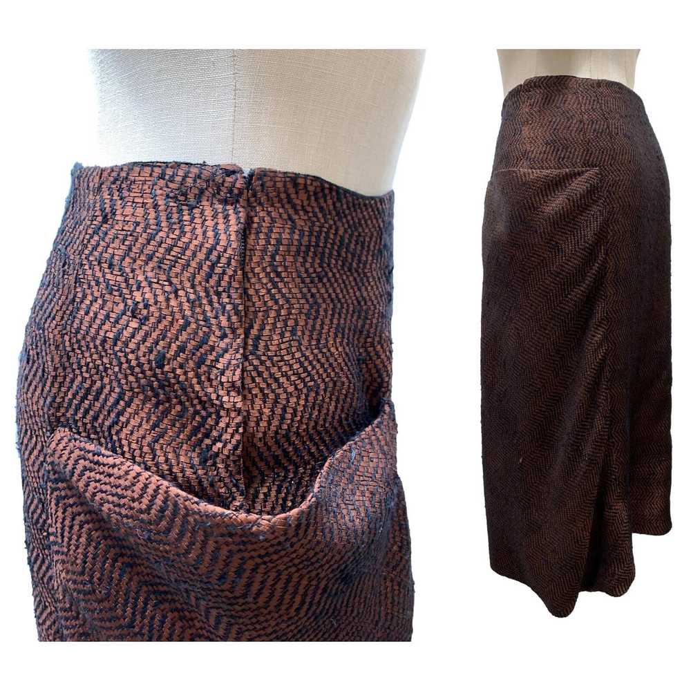 Vintage 40s Ribbon Midi Skirt | Black & Dark Copp… - image 9