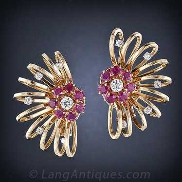 Retro Diamond and Ruby Spiral Earrings - image 1