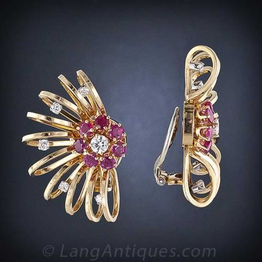 Retro Diamond and Ruby Spiral Earrings - image 2