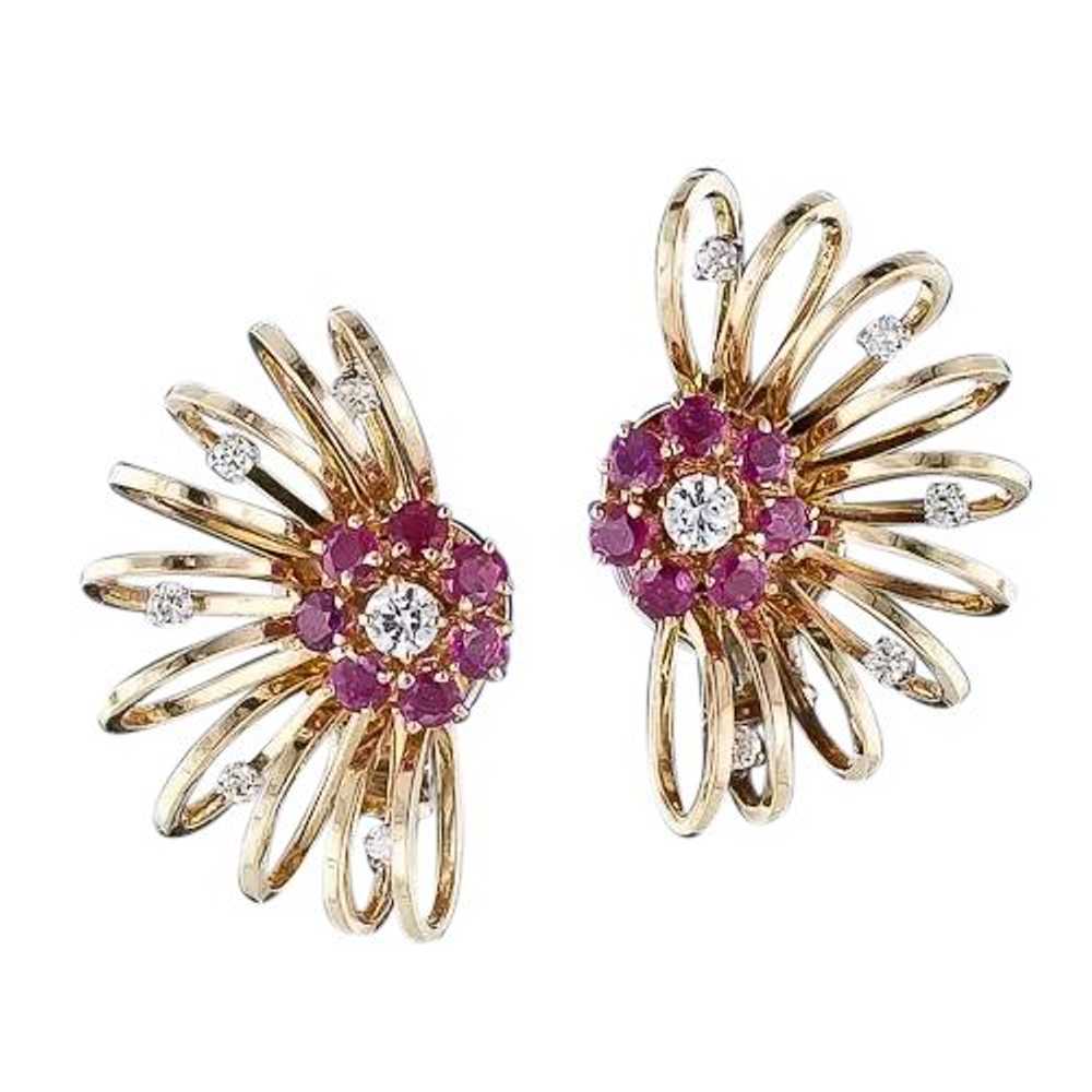Retro Diamond and Ruby Spiral Earrings - image 3