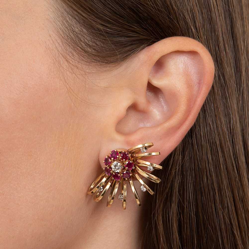 Retro Diamond and Ruby Spiral Earrings - image 4