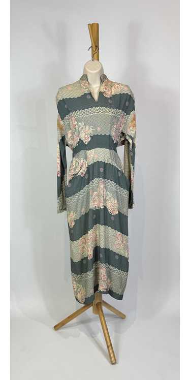 1940s Blue Striped and Feather Printed Rayon Dress