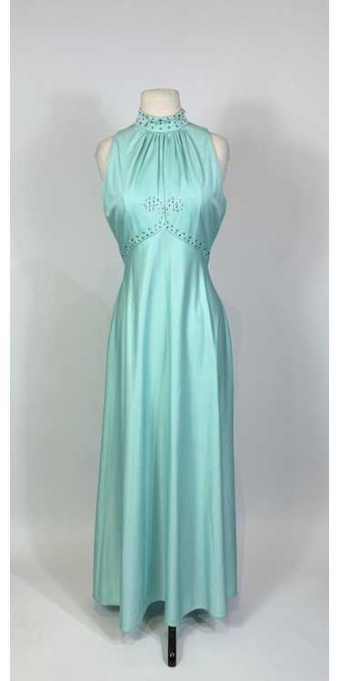 1970s Turquoise Blue Silver Sequin Disco Maxi Dres