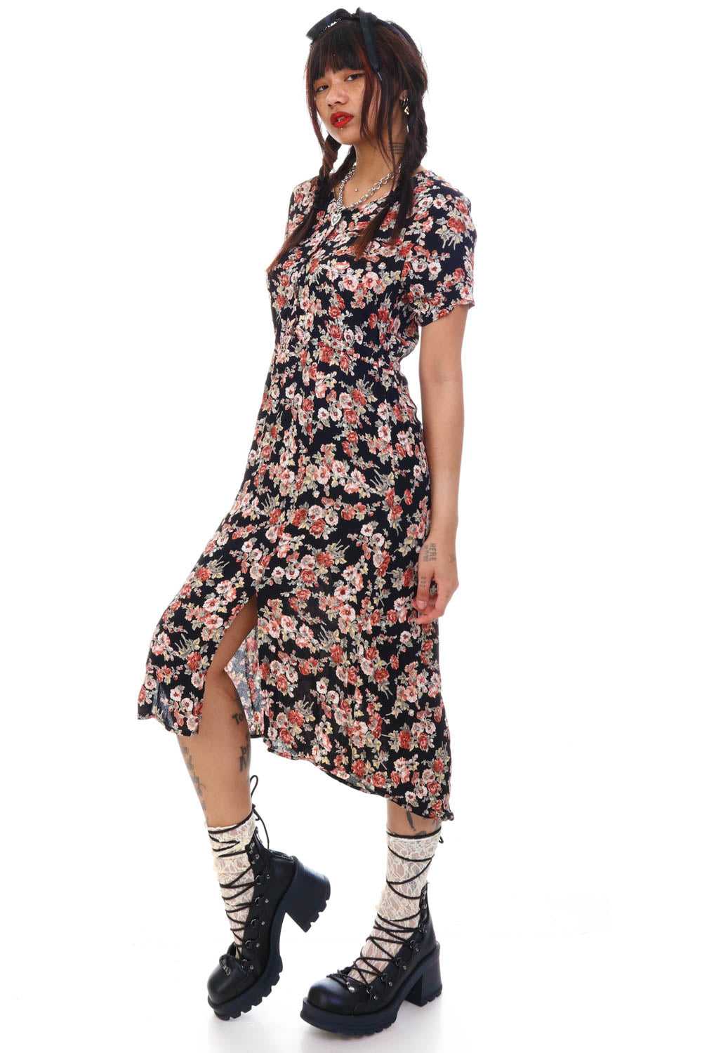Vintage Y2K Grunge Floral Slit Dress - S/M - image 3