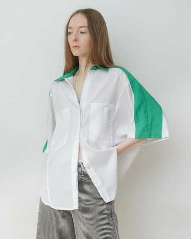 Green and White Batwing Pocket Blouse