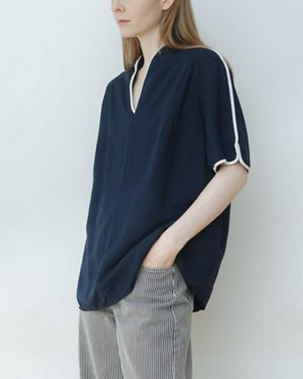 Navy V Neck Blouse with White Piping - image 1