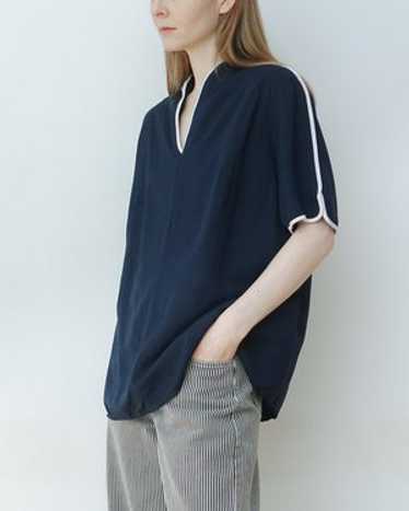 Navy V Neck Blouse with White Piping
