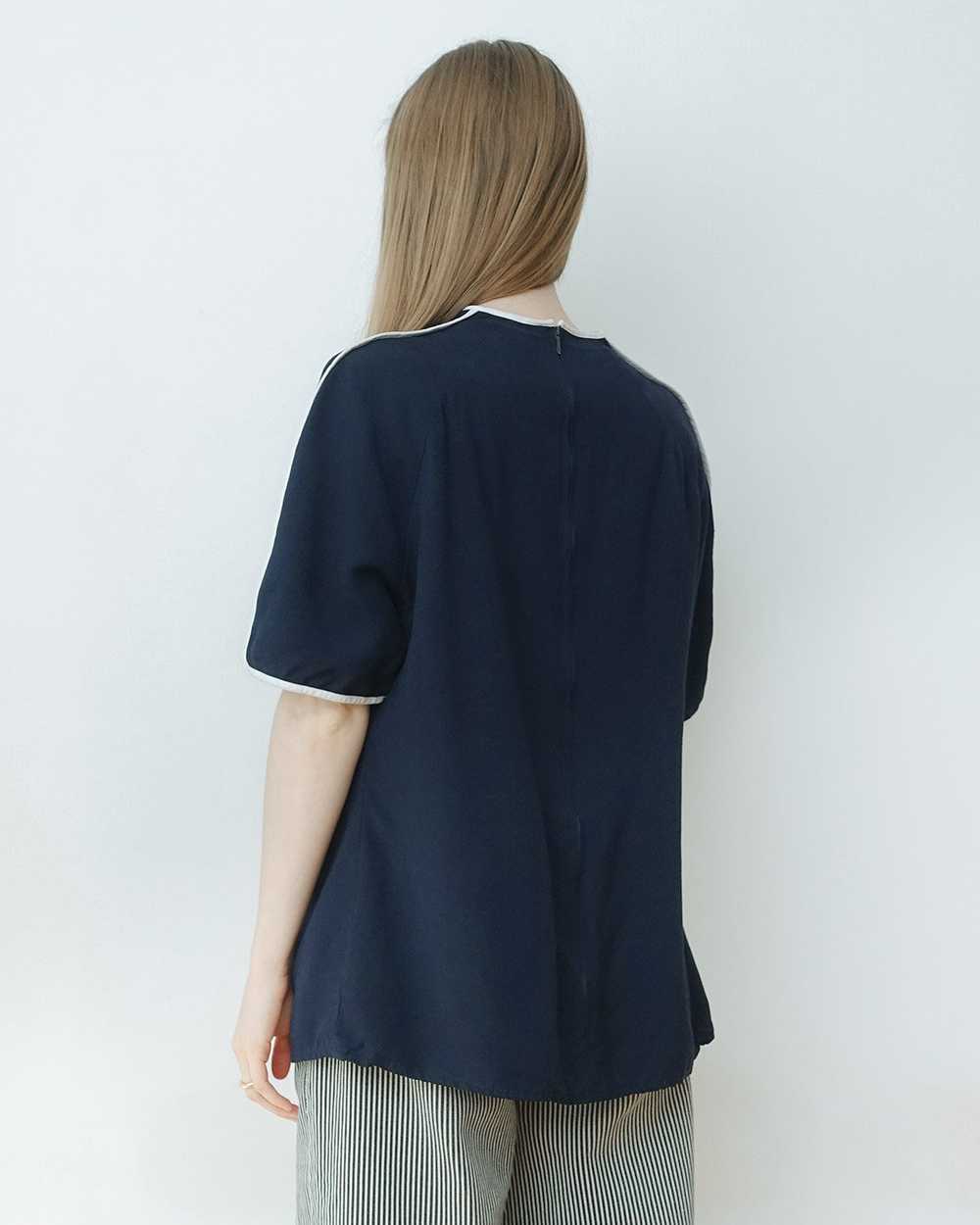 Navy V Neck Blouse with White Piping - image 2