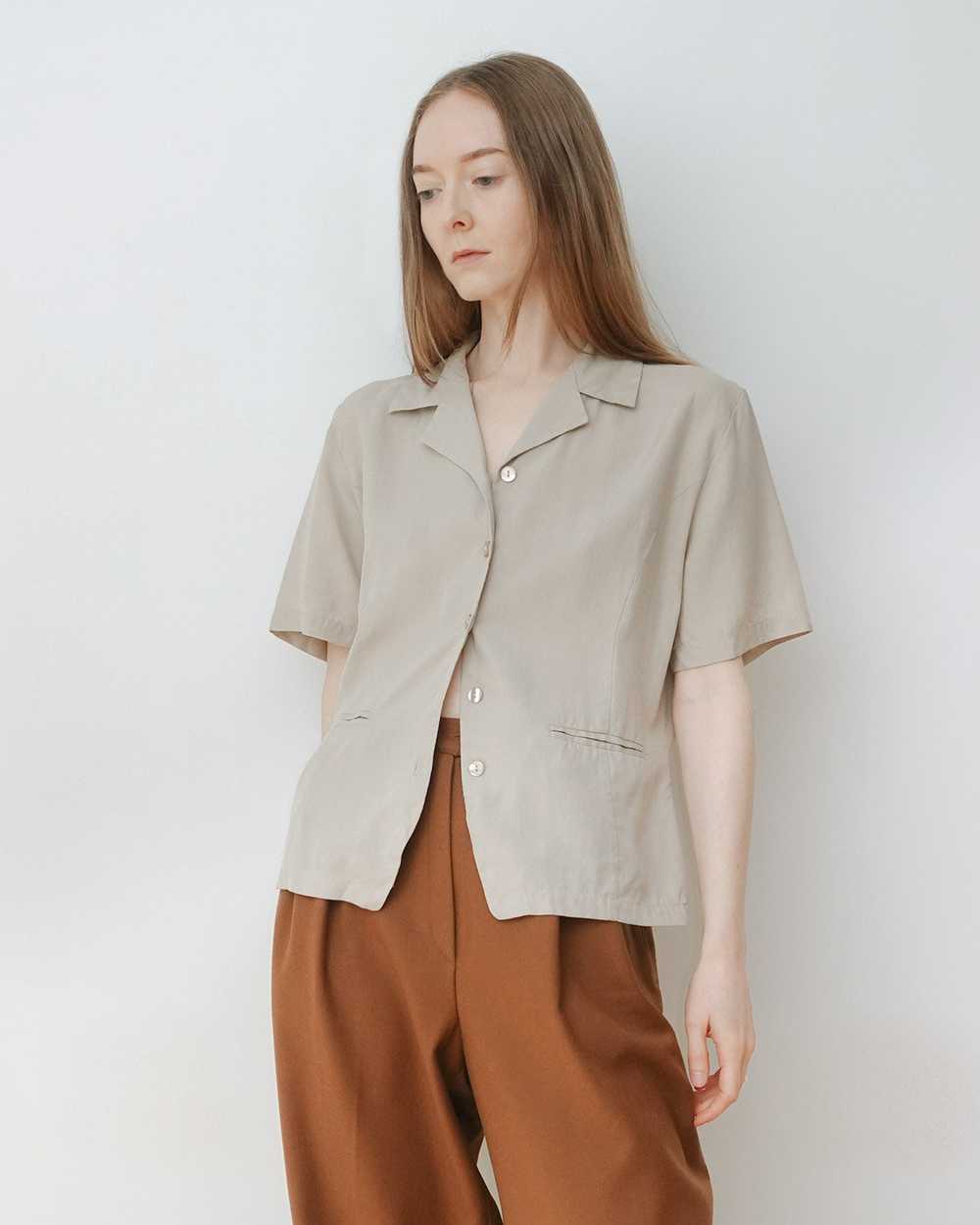 Beige Silk Button Up Blouse with Back Tie - image 1