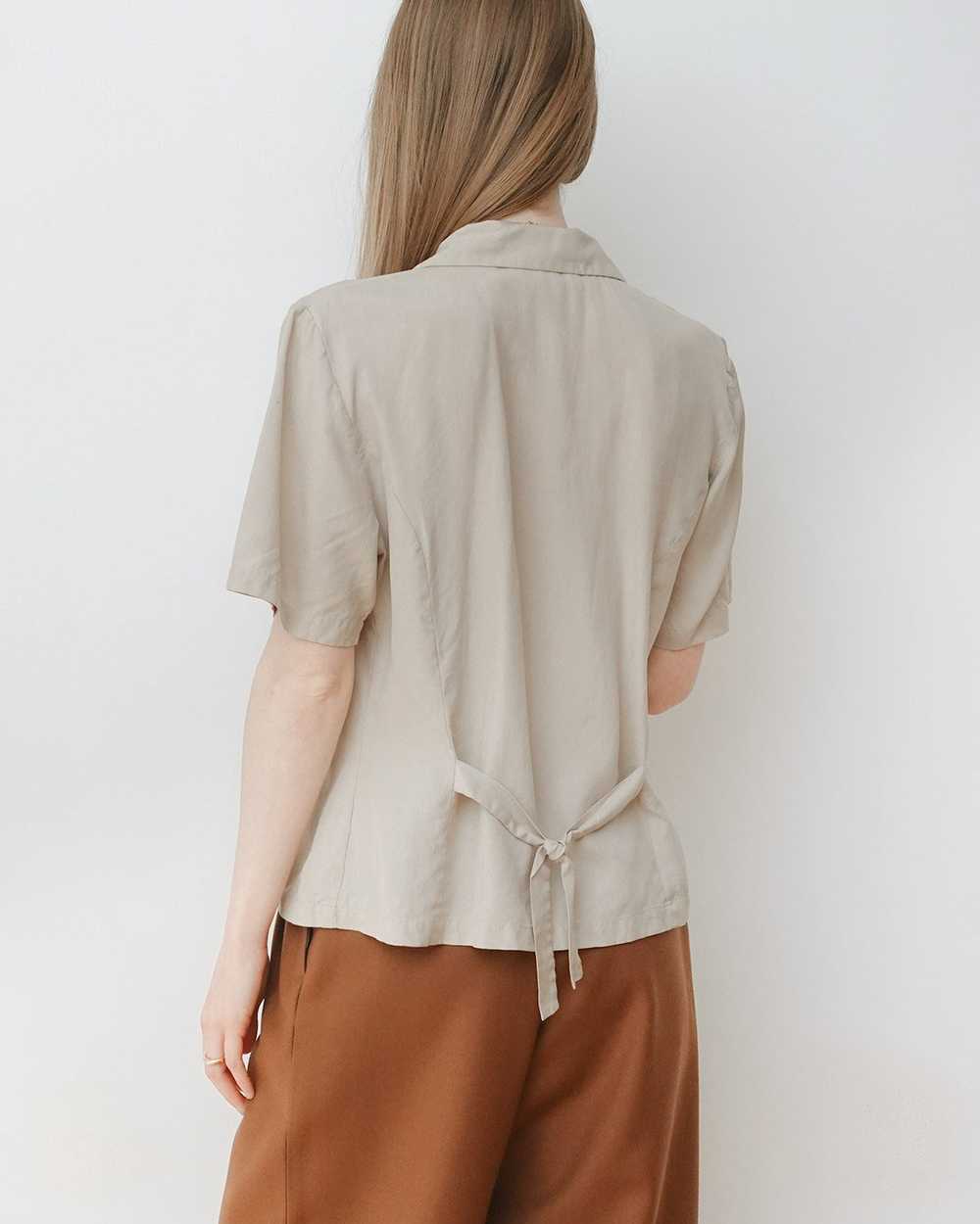 Beige Silk Button Up Blouse with Back Tie - image 2
