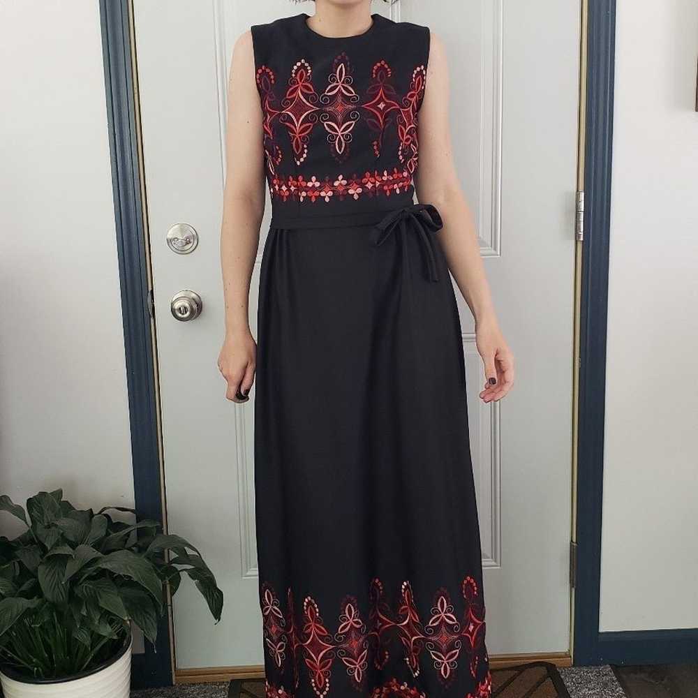 70s Black and Red Polyester Maxi Dress - image 1