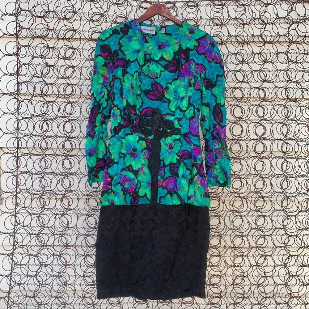 Vintage 90s Adrianna Papell 100% silk dress neon … - image 1