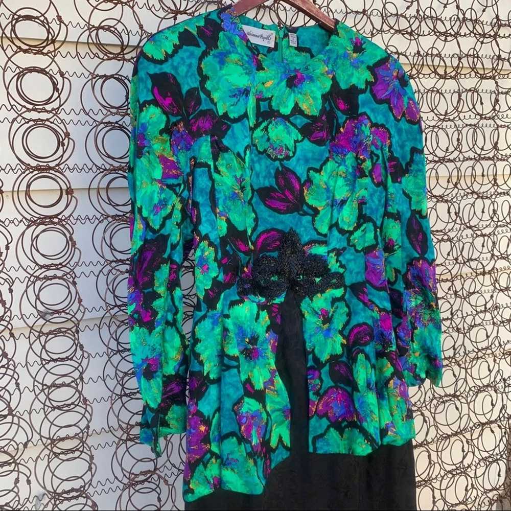 Vintage 90s Adrianna Papell 100% silk dress neon … - image 2