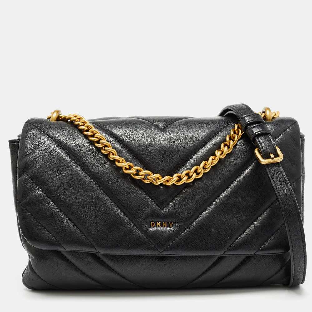 DKNY Black Quilt Leather Flap Shoulder Bag - image 1