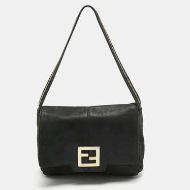 FENDI Black Nubuck Shimmer Leather FF Flap Bag - image 1