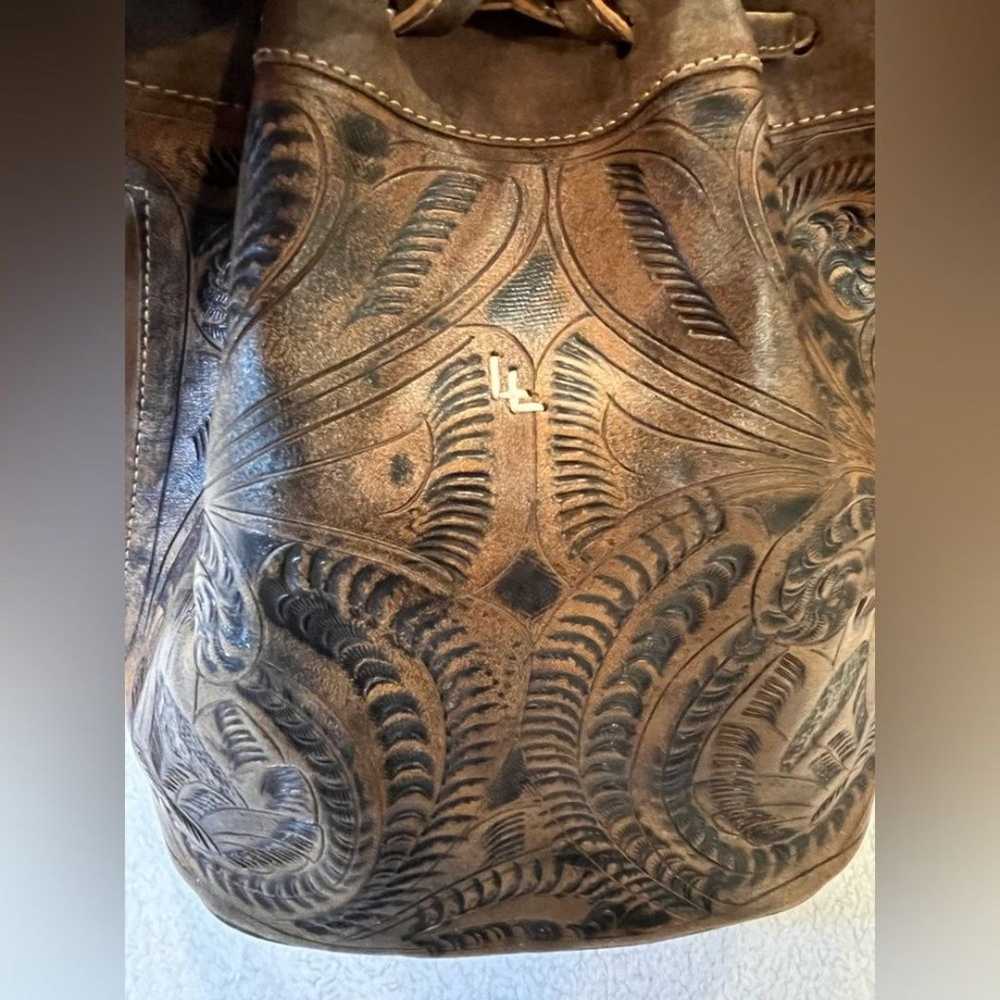 Leaders in Leather Brown Tooled Leather Bucket Ba… - image 4