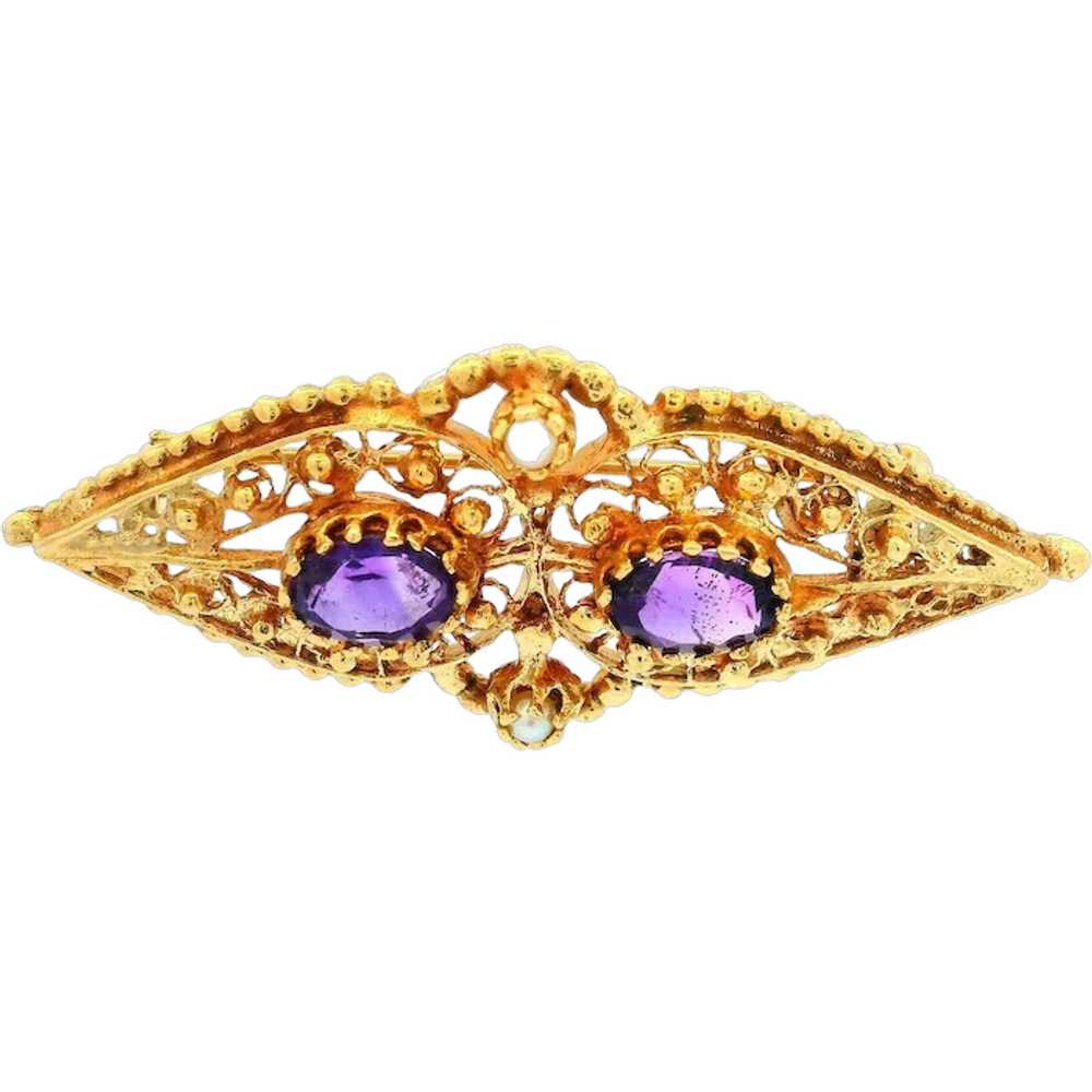 Vintage 14k Yellow Gold Oval Open Work Amethyst &… - image 1