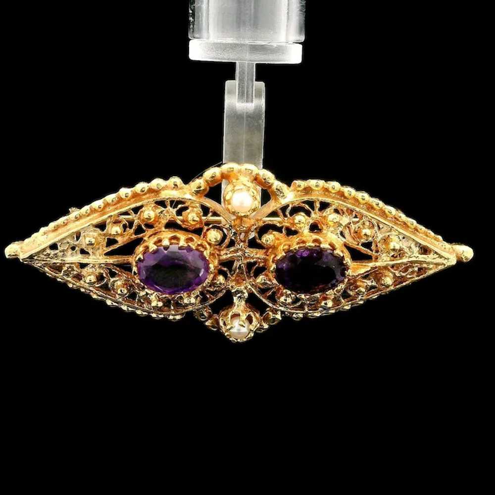 Vintage 14k Yellow Gold Oval Open Work Amethyst &… - image 3