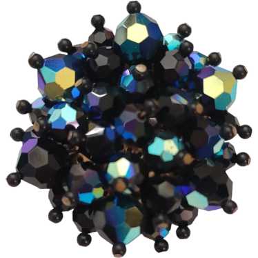 Black & Blue AB Glass Beaded Round Cluster Brooch 